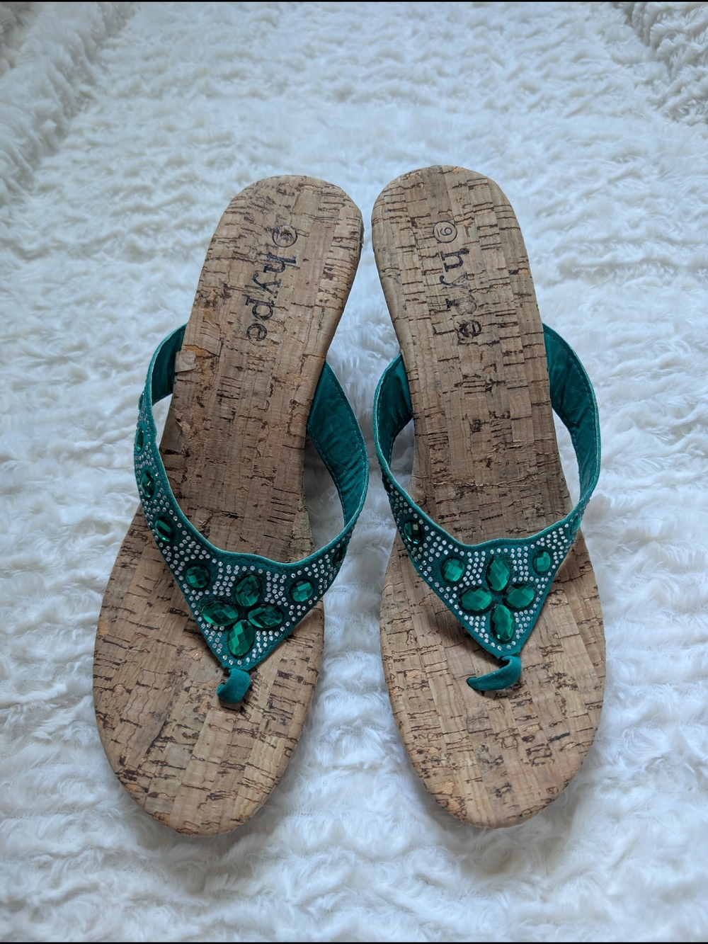 Y2K Green Embellished Cork Wedge Sandals - Unbranded